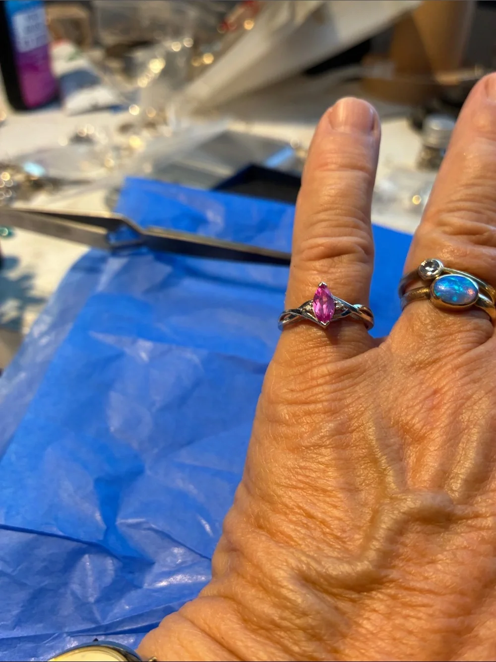 Delicate 10K White Gold Marquise Pink  Topaz (?) Ring with Small Diamonds Size 7
